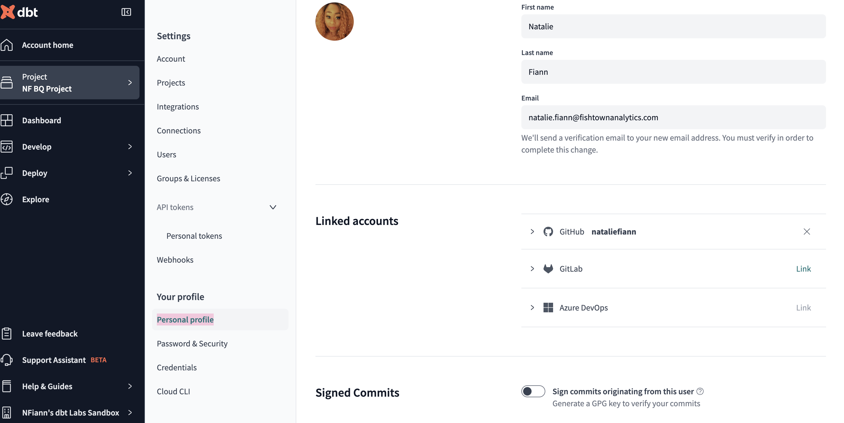 The Personal profile settings with the Linked Accounts section of the user profile